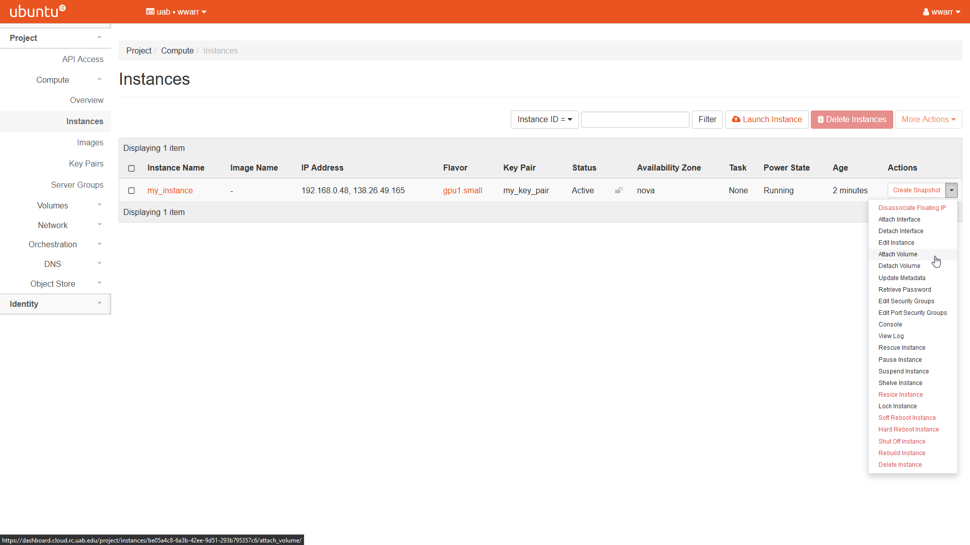 Image showing the OpenStack Instances Page. The table has one entry labeled my_instance. The drop-down box under the Actions column is open revealing many options. The Attach Volume option is highlighted.