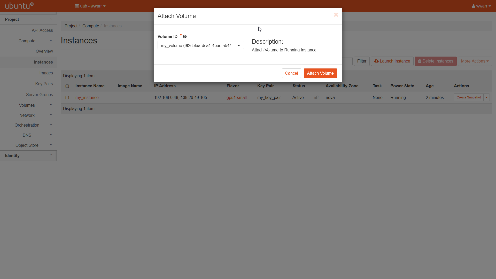 Image showing the Attach Volume dialog box. The Volume ID is set to my_volume.