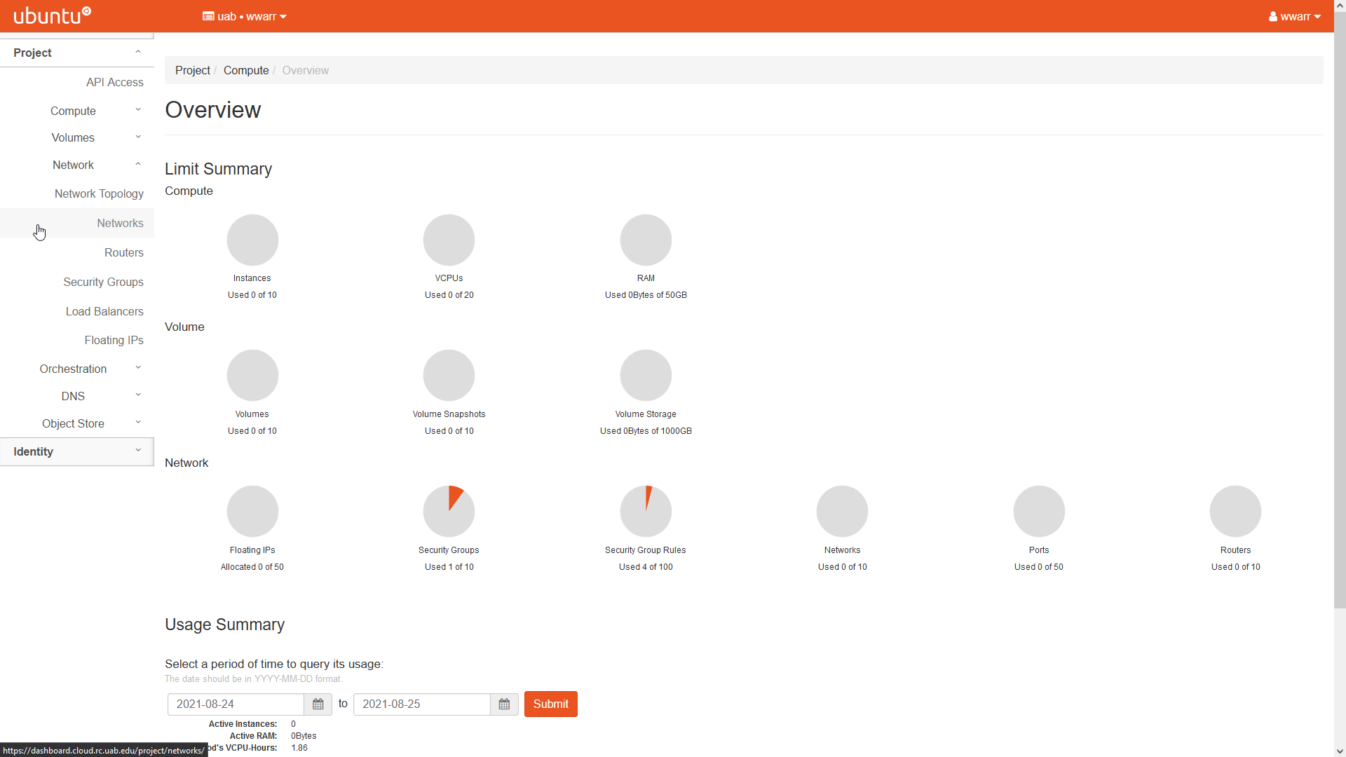 Image showing the OpenStack Overview page. Networks is selected in the Network Topology fold-out menu in the left-hand navigation pane.