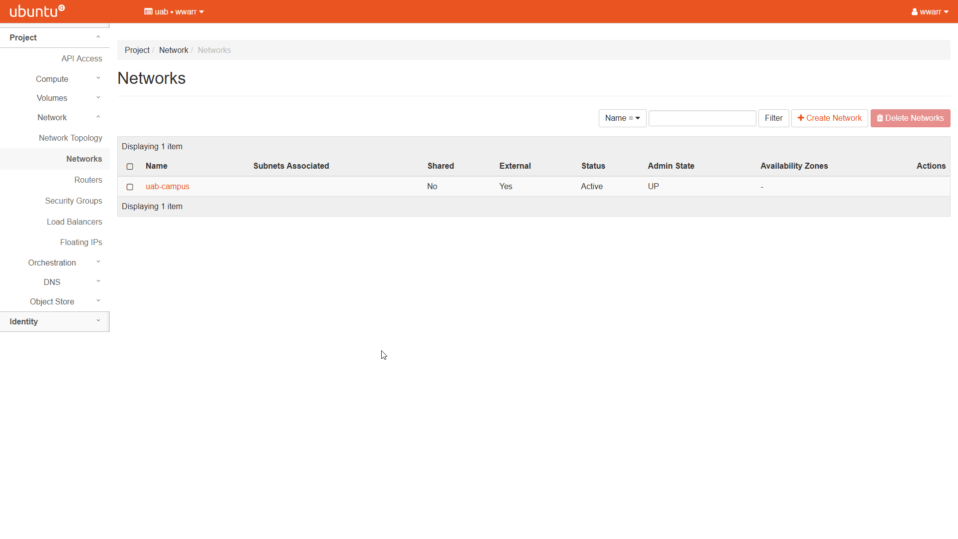 Image showing the OpenStack Networks page. The Networks table has one entry. The entry is the default, persistent uab-campus network.
