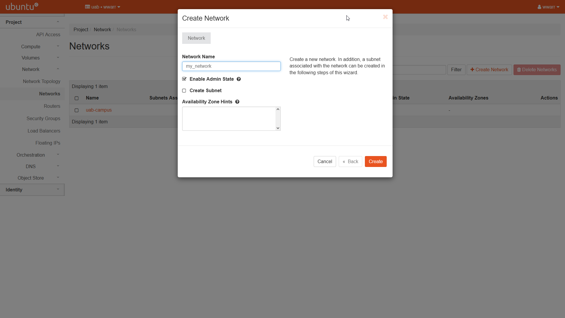 Image showing Create Network dialog. The dialog form is empty except Network Name has been set to my_network.