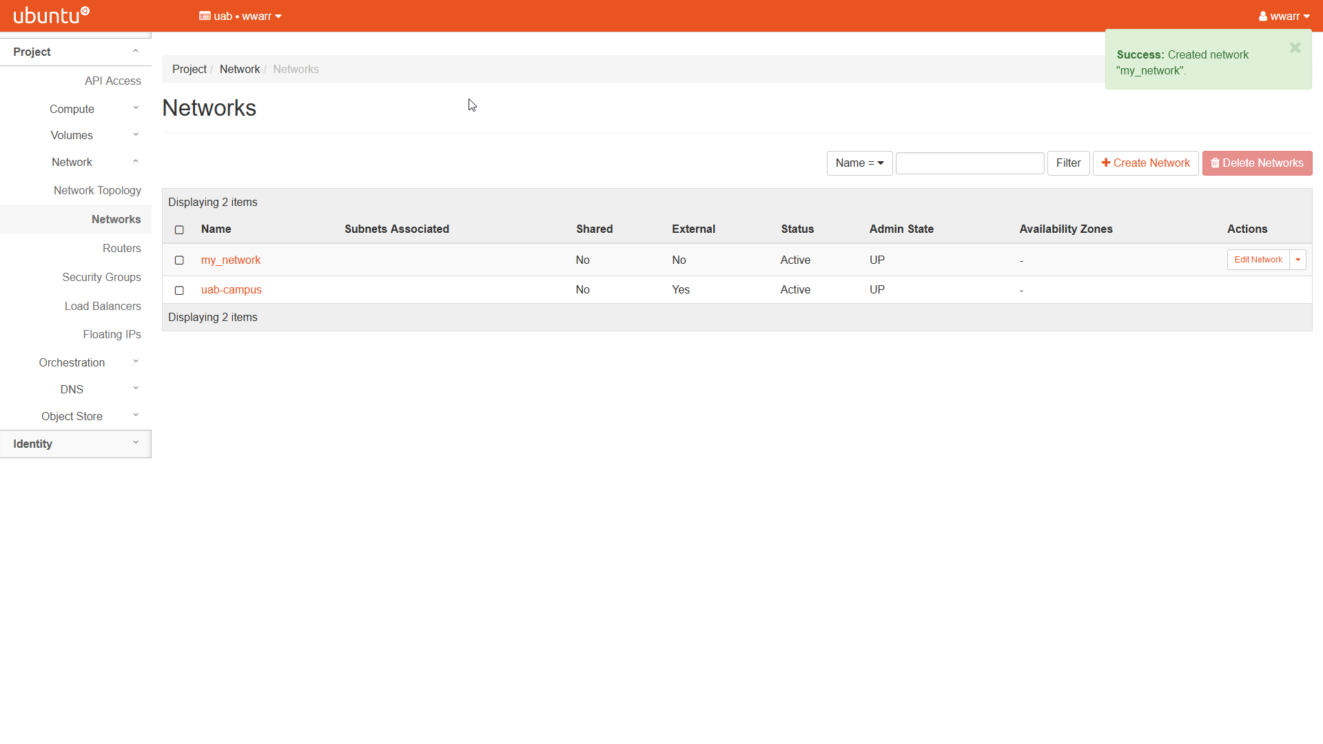 Image showing the OpenStack Networks page. There is an additional entry in the table. The new entry is my_network.