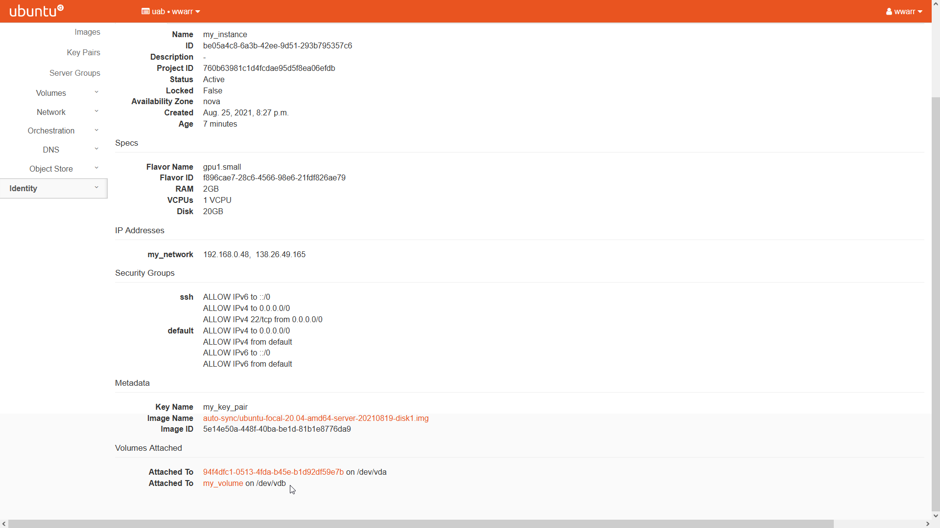 Image showing the my_instance overview page. The page has been scrolled to the bottom. The mouse is pointing to a label under the Volumes Attached heading. The mouse is pointing to the Attached To label reading my_volume on /dev/vdb.
