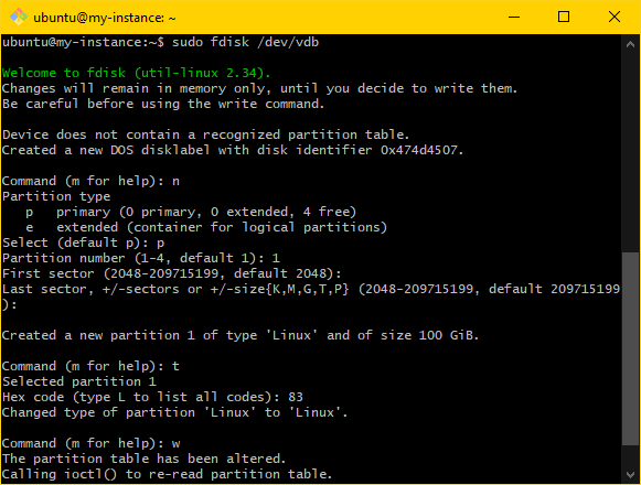 Image showing the MINGW64 terminal. The sudo fdisk /dev/vdb command has been entered. Also shown are the various prompts guiding through the process of formatting the disk. The final command was the literal character w, which executed the previously entered commands.