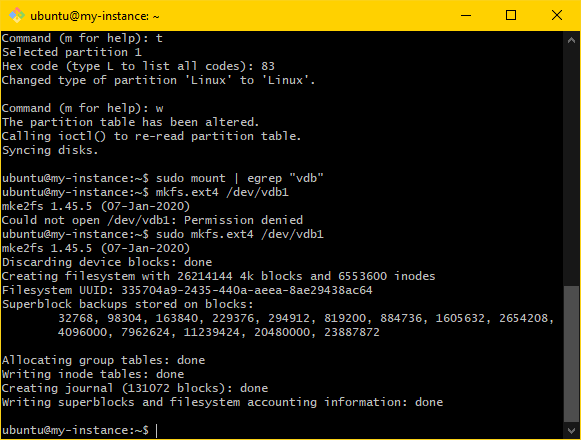 Image showing the MINGW64 terminal. The volume has been verified to be not mounted using the sudo mount | egrep /dev/vdb command.