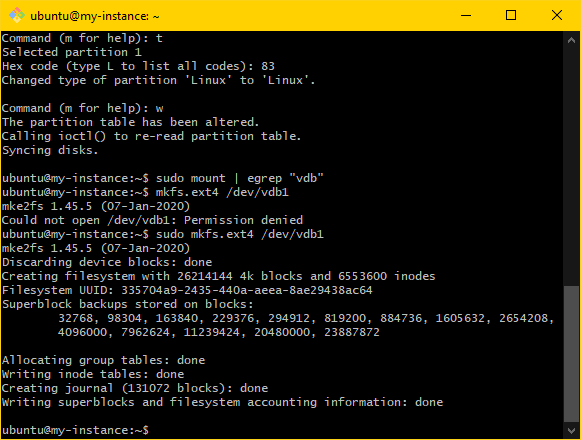 Image showing the MINGW64 terminal. The sudo mkfs.ext4 /dev/vdb1 command has been used to create a partition labeled /dev/vdb1 on mount /dev/vdb.