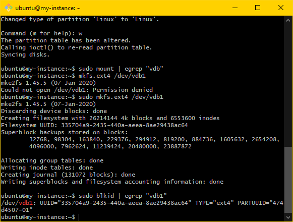 Image showing the MINGW64 terminal on Windows. The sudo blkid | egrep "vdb1" command has been used to find the partition UUID.