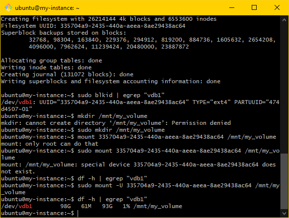 Image showing the MINGW64 terminal. The command mkdir /mnt/my-volume has been used to create a mount point. The command sudo mount -U <UUID> /mnt/my-volume has been used to mount the volume to the mount point. The command df -h | egrep "vdb1" has been used to verify mounting.