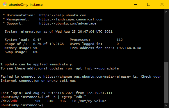 Image showing the MINGW64 terminal. The instance has been rebooted prior to this. The command df -h | egrep "vdb1" has been used to verify the partition was mounted on restart.