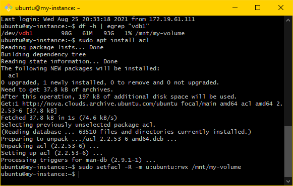 Image showing the MINGW64 terminal. The acl package has been installed using the command sudo apt install acl. The access controls have been set on the mount point /mnt/my-volume using the sudo setfacl command.