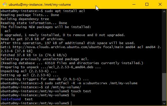 Image showing the MINGW64 terminal. Access control settings have been verified by creating an empty file in the mount point /mnt/my-volume and listing files.