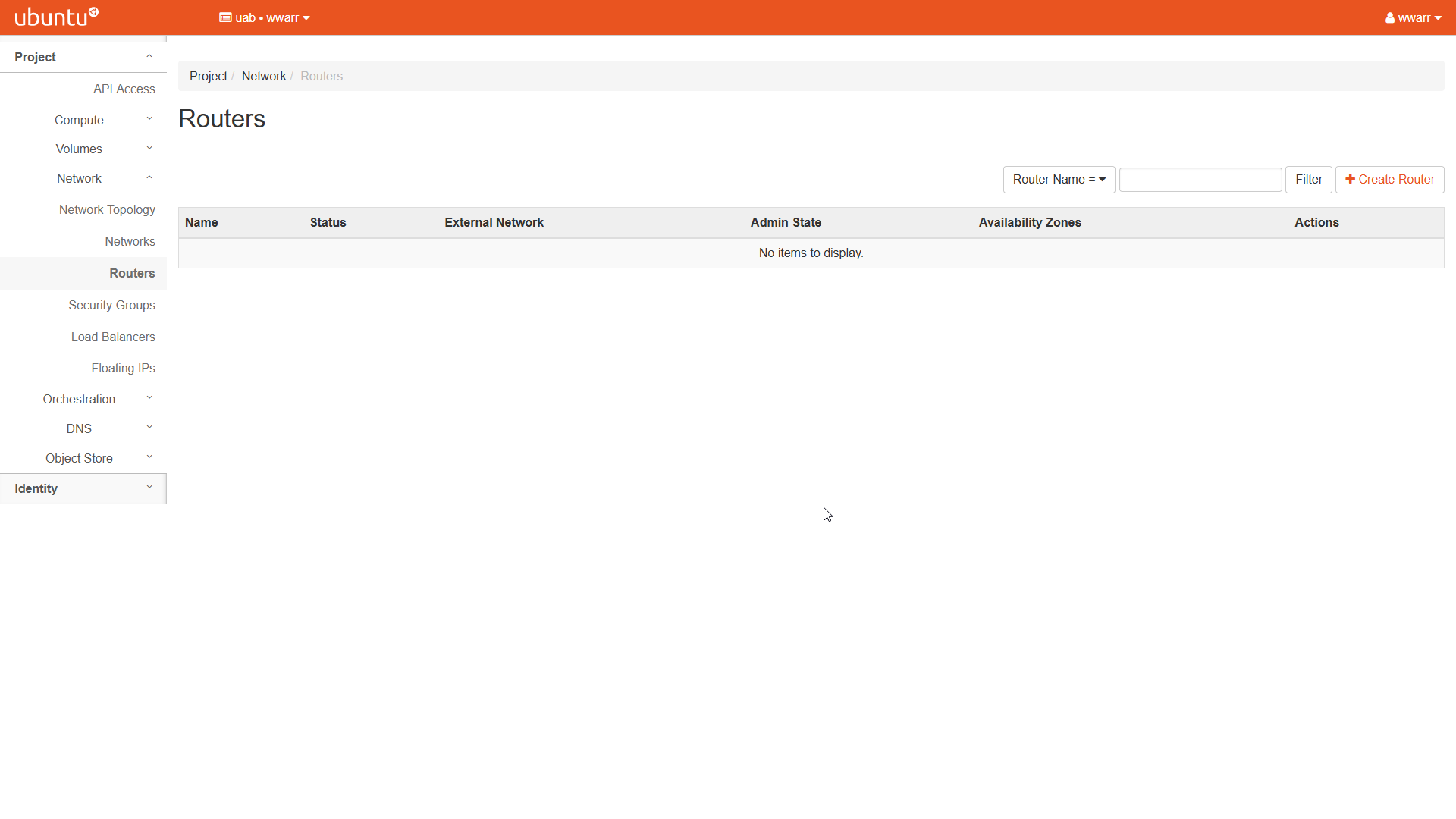 Image showing the OpenStack Router page. The Routers table is empty.