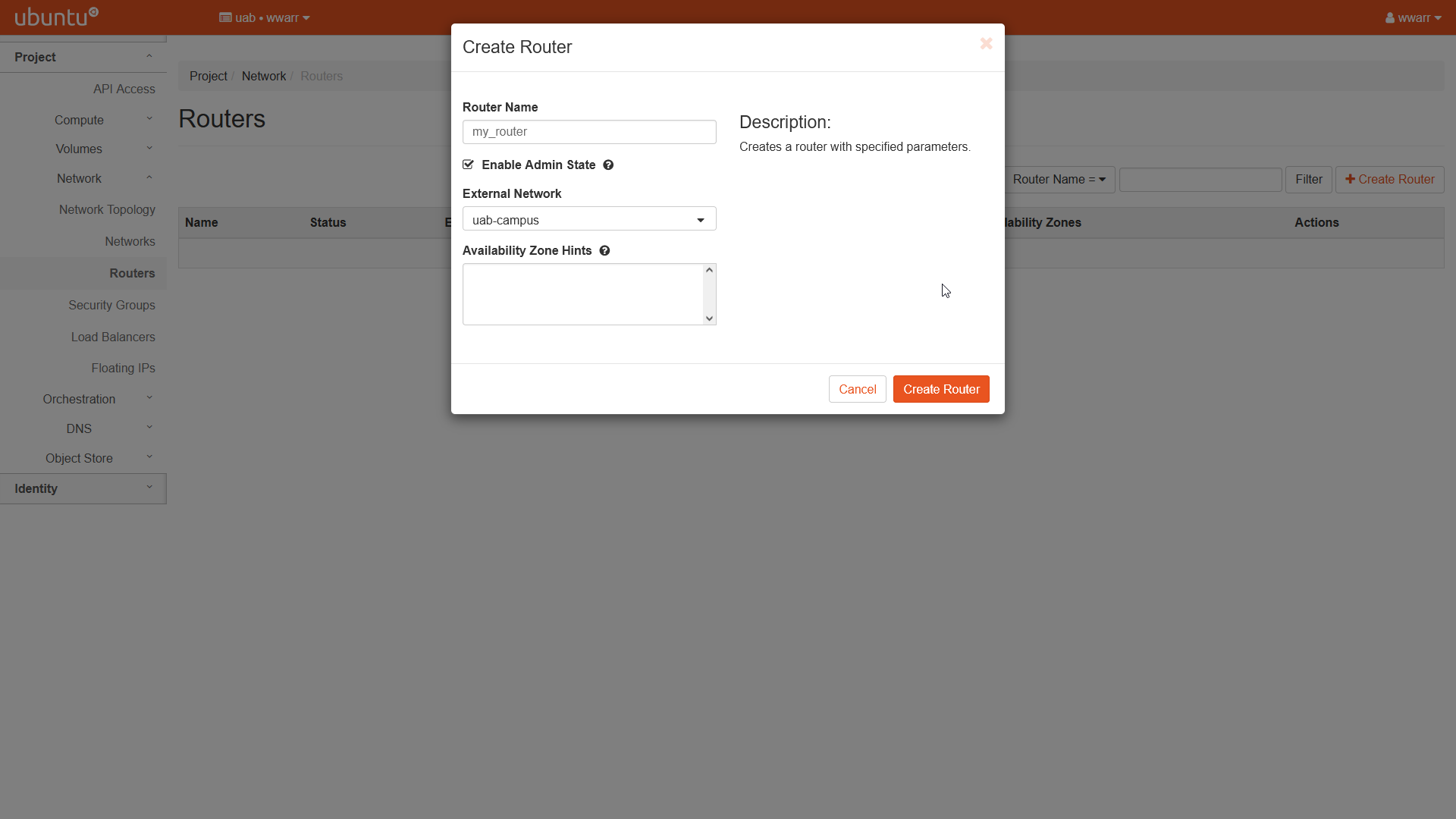 Image showing the Create Router dialog. The dialog is filled out. The name is my_router.