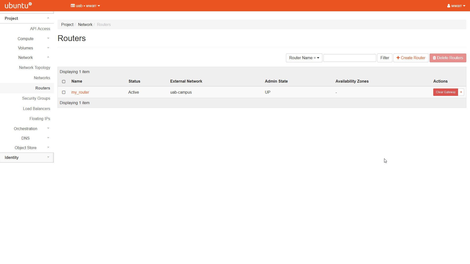 Image showing the OpenStack Routers page. The Routers table has one entry. The entry is the my_router.