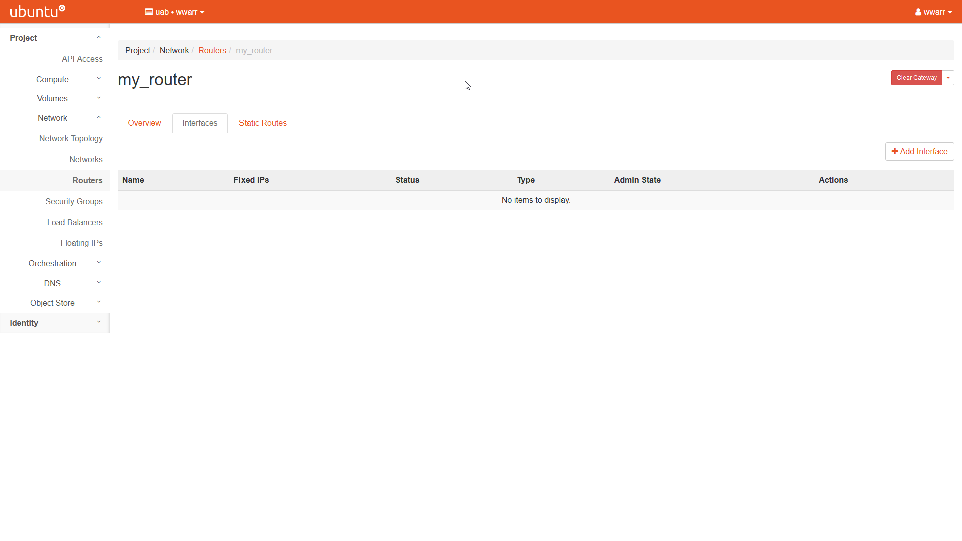 Image showing the my_router overview page. The Instances tab is selected. The table is empty.