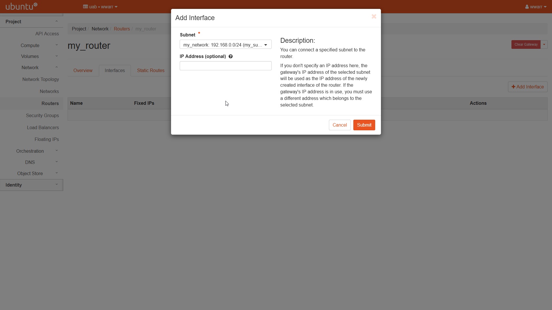 Image showing the Add Interface dialog. The dialog is filled out. The my_network subnet is selected as subnet.