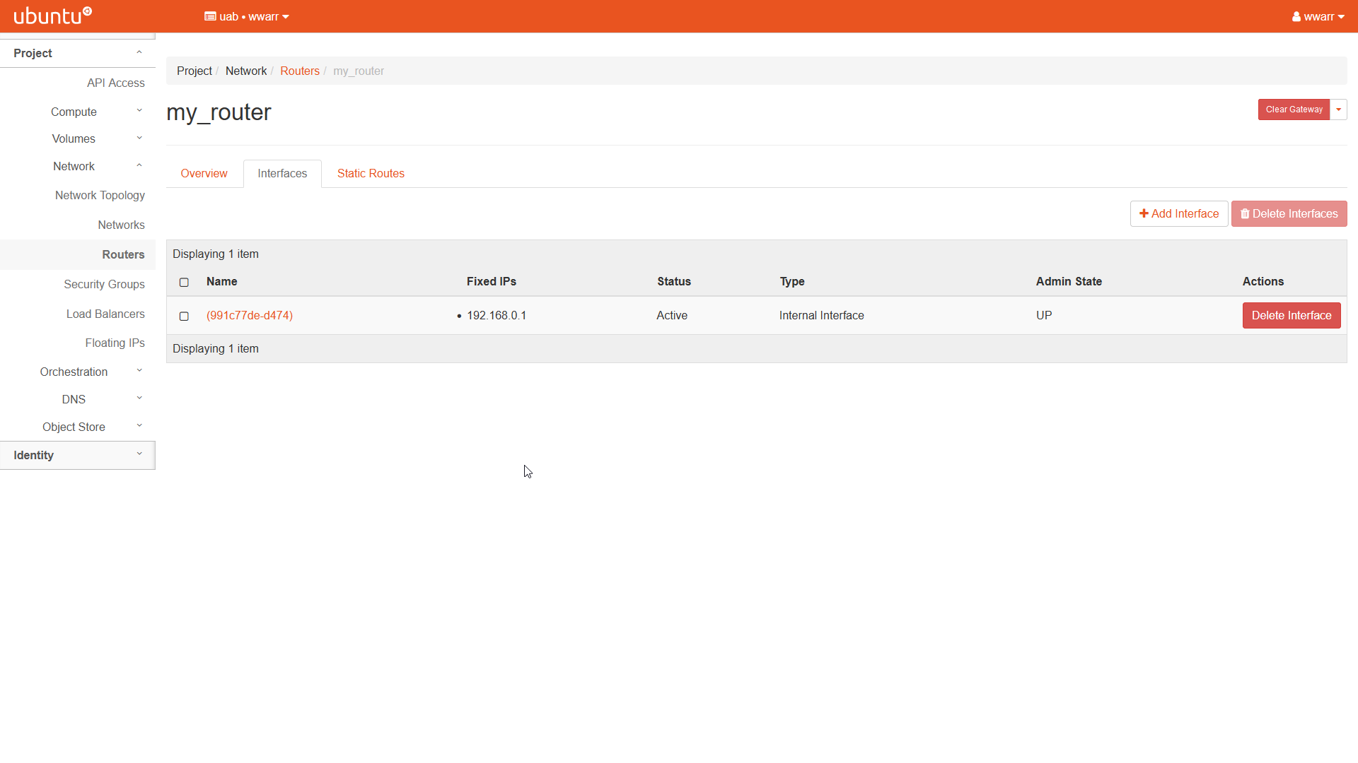 Image showing the my_router overview page. The Instances tab is selected. The table has one entry with a random UUID string as name.