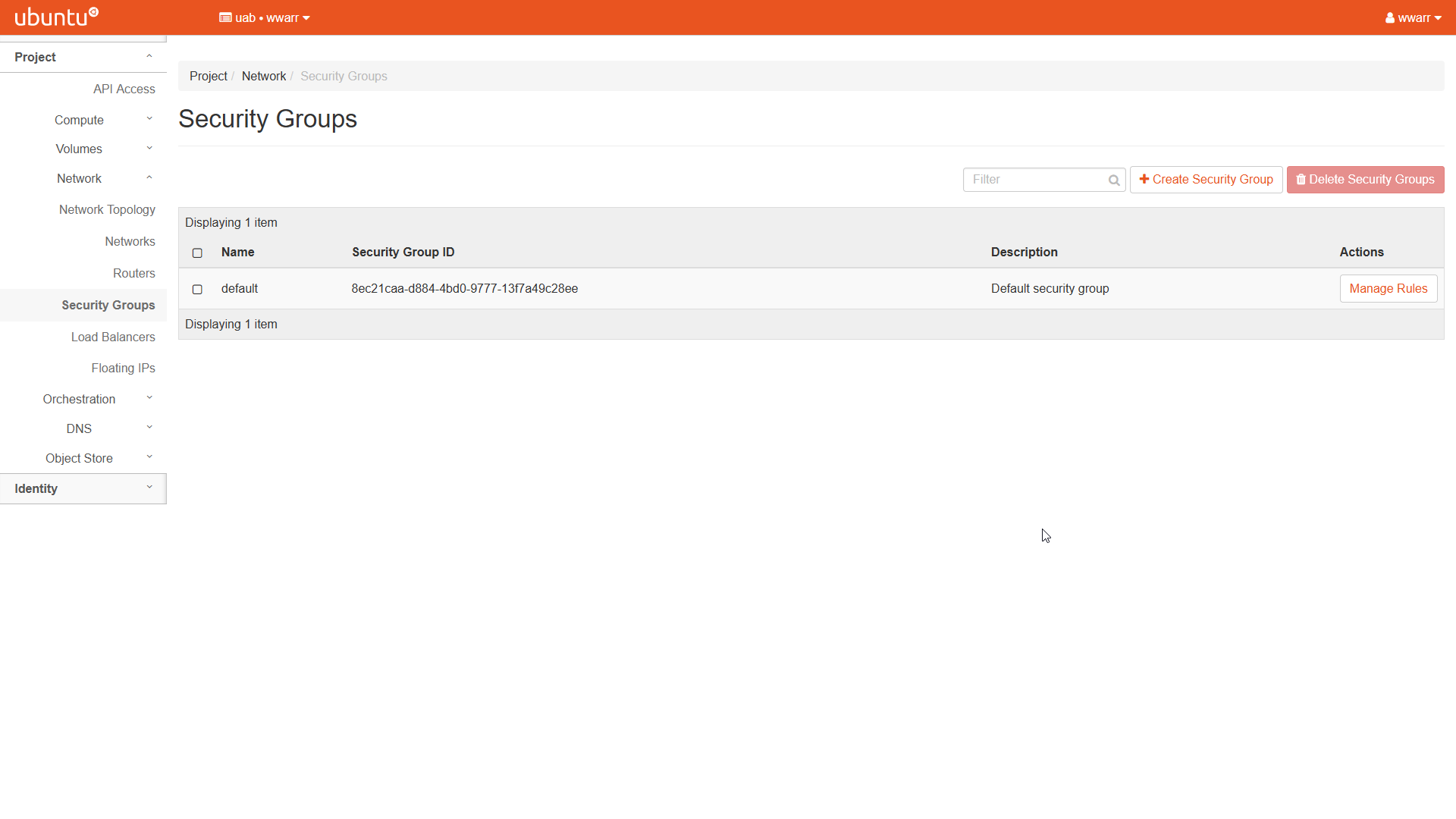 Image showing the OpenStack Security Groups page. The Security Groups table has one entry, the default, persistent entry labeled default.