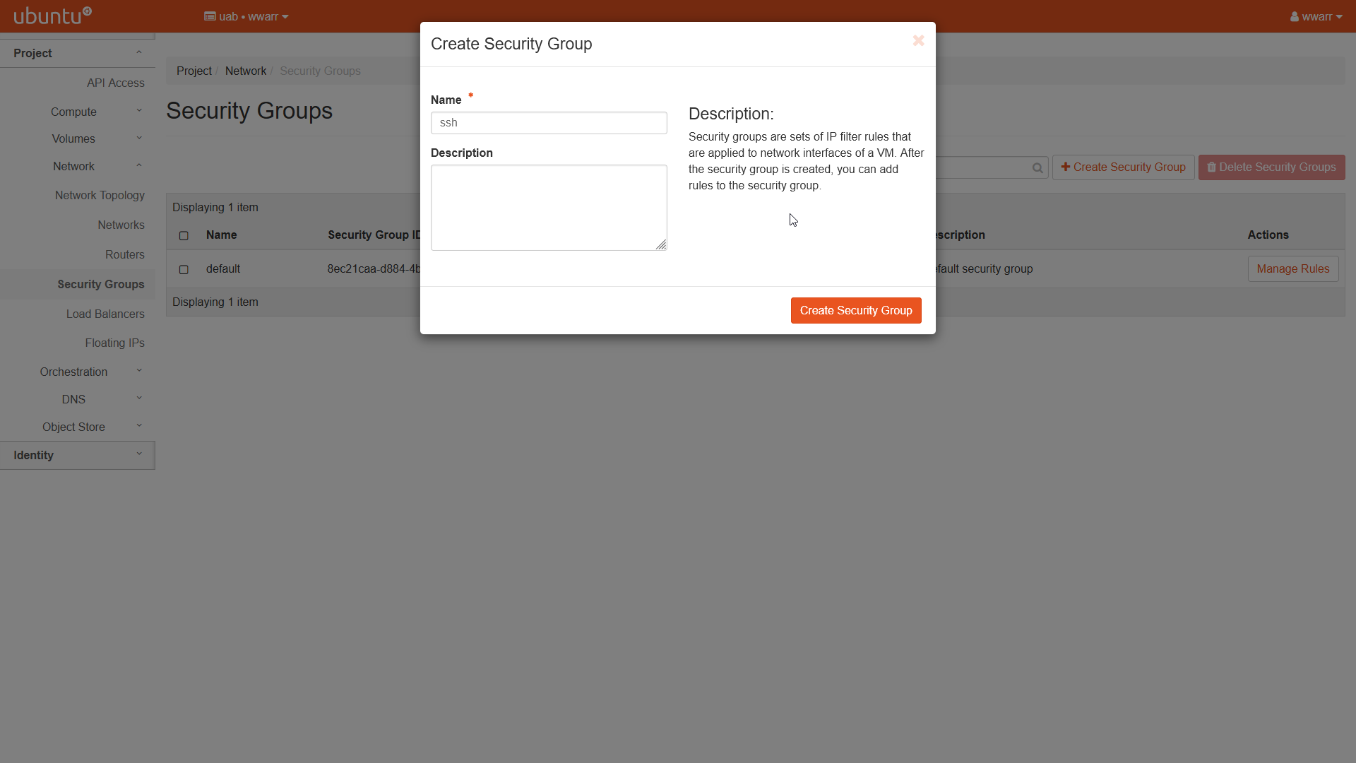 Image showing the Create Security Group dialog. The dialog has been filled out with the name set as ssh.