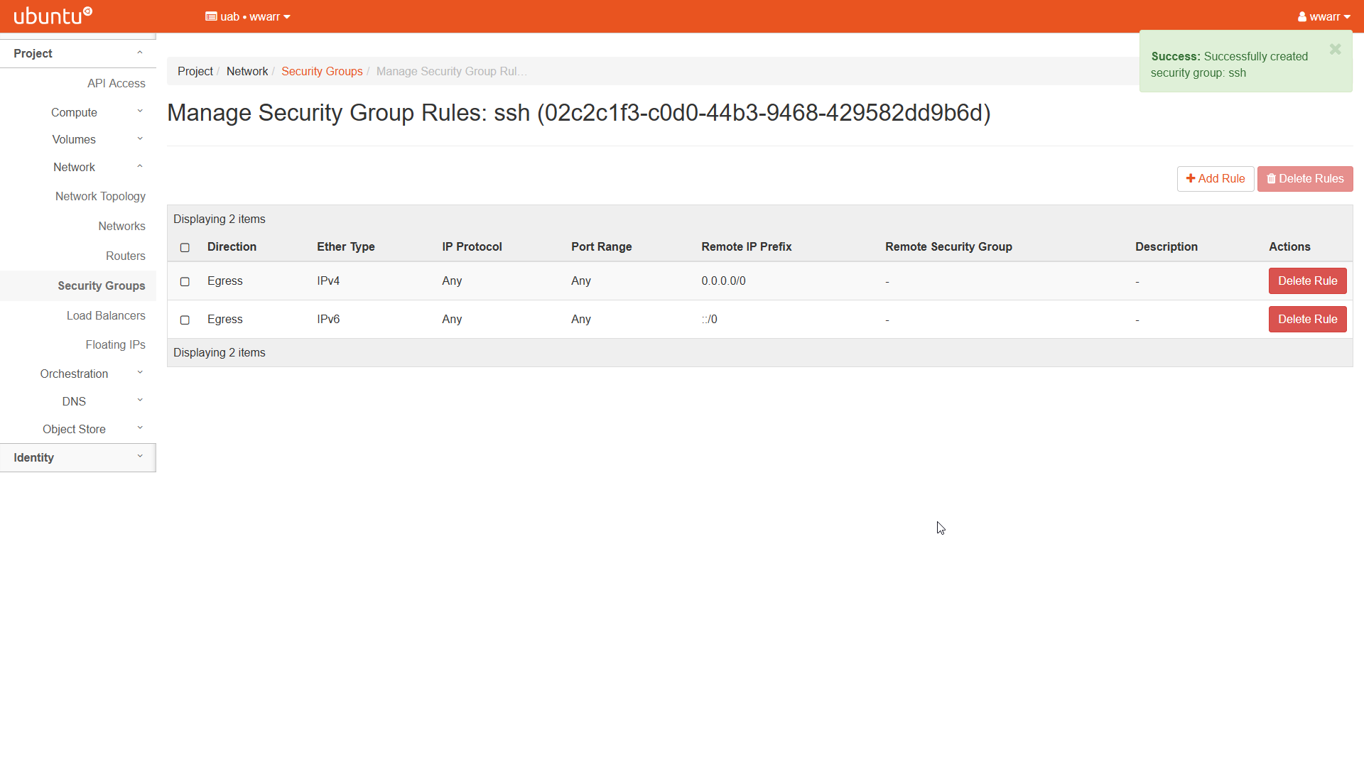 Image showing the Manage Security Group Rules for ssh. The Table has two entries, both Egress direction. One is for IPv4 and the other for IPv6. Both have no IP restrictions.