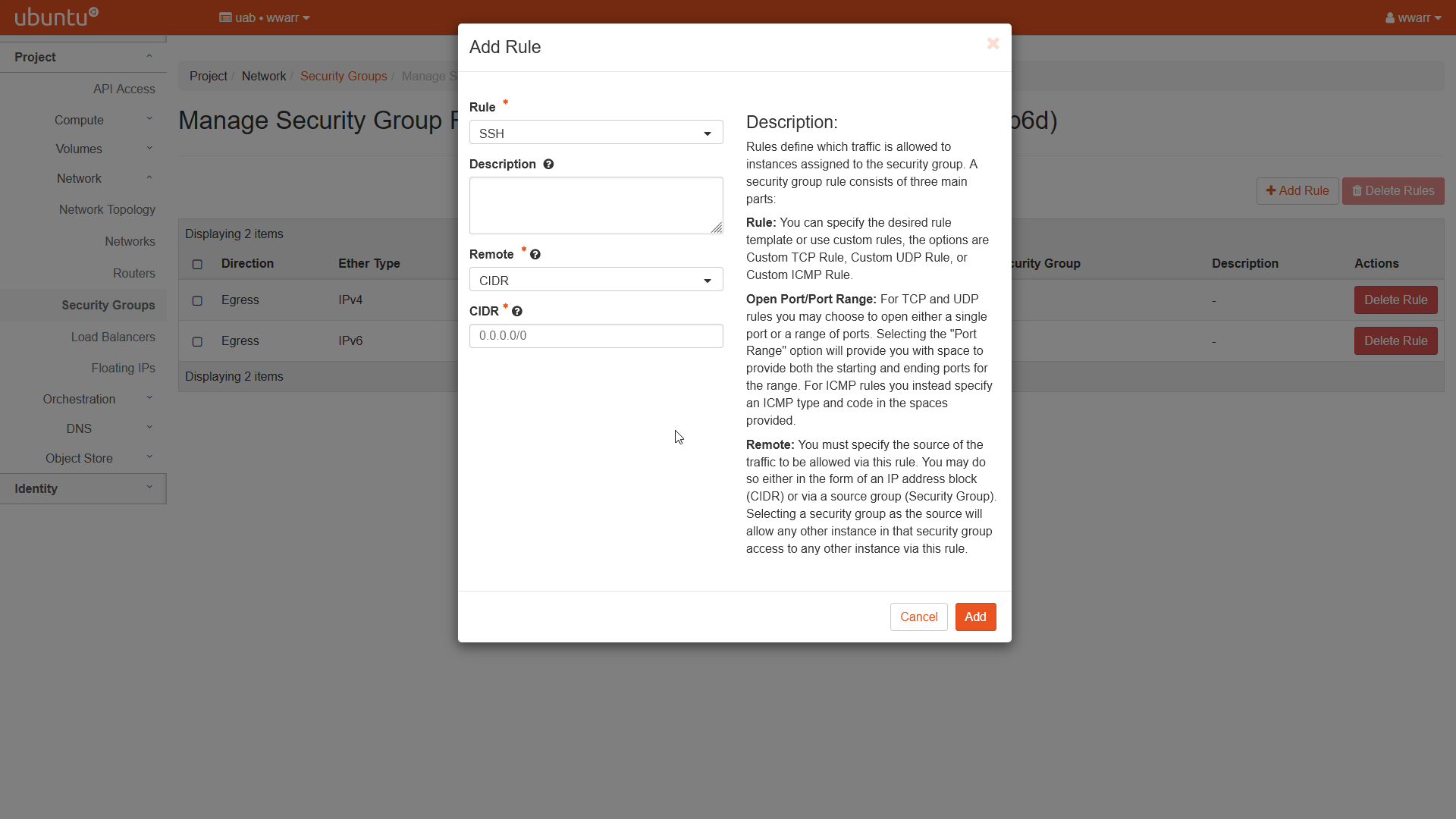 Image showing the Add Rule dialog box. The dialog box is filled out. The rule is set to SSH.