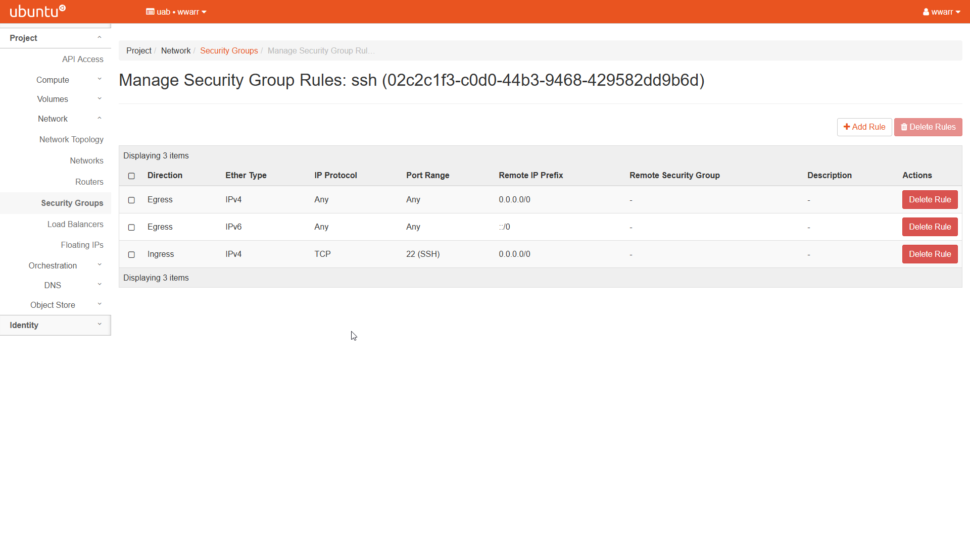 Image showing the Manage Security Group Rules for ssh. The Table has three entries. The new entry is Ingress direction with IPv4. It is restricted to TCP port 22 on all IPs.