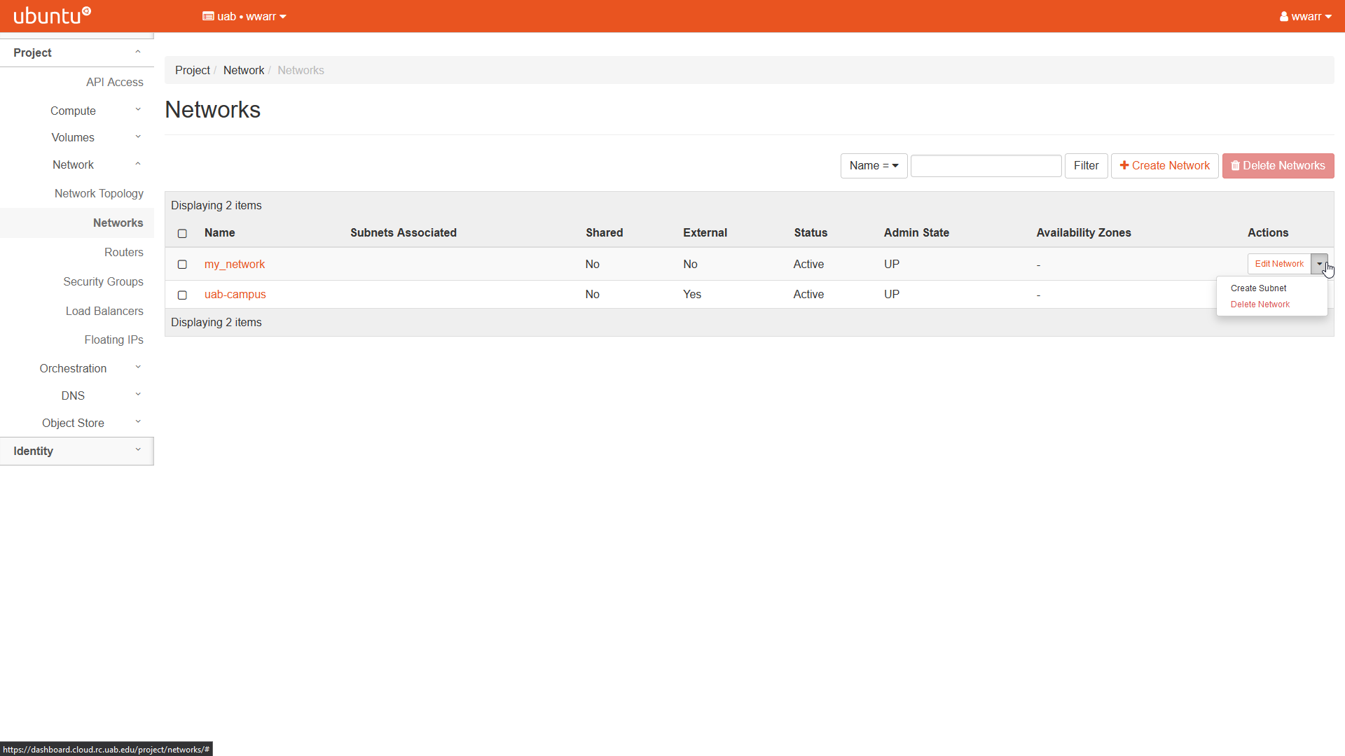 Image Showing the drop-down box under the Actions column in the my-network row of the Networks table. The drop-down box has been clicked, revealing two options. The selected option is Create Subnet.