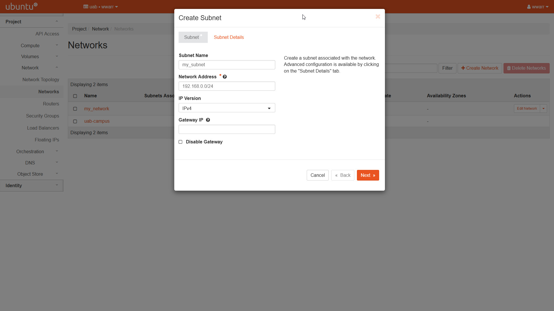 Image Showing the Create Subnet dialog box. The Subnet tab is selected. The form has not been filled out beyond default values. The Subnet Name has been set to my_subnet.