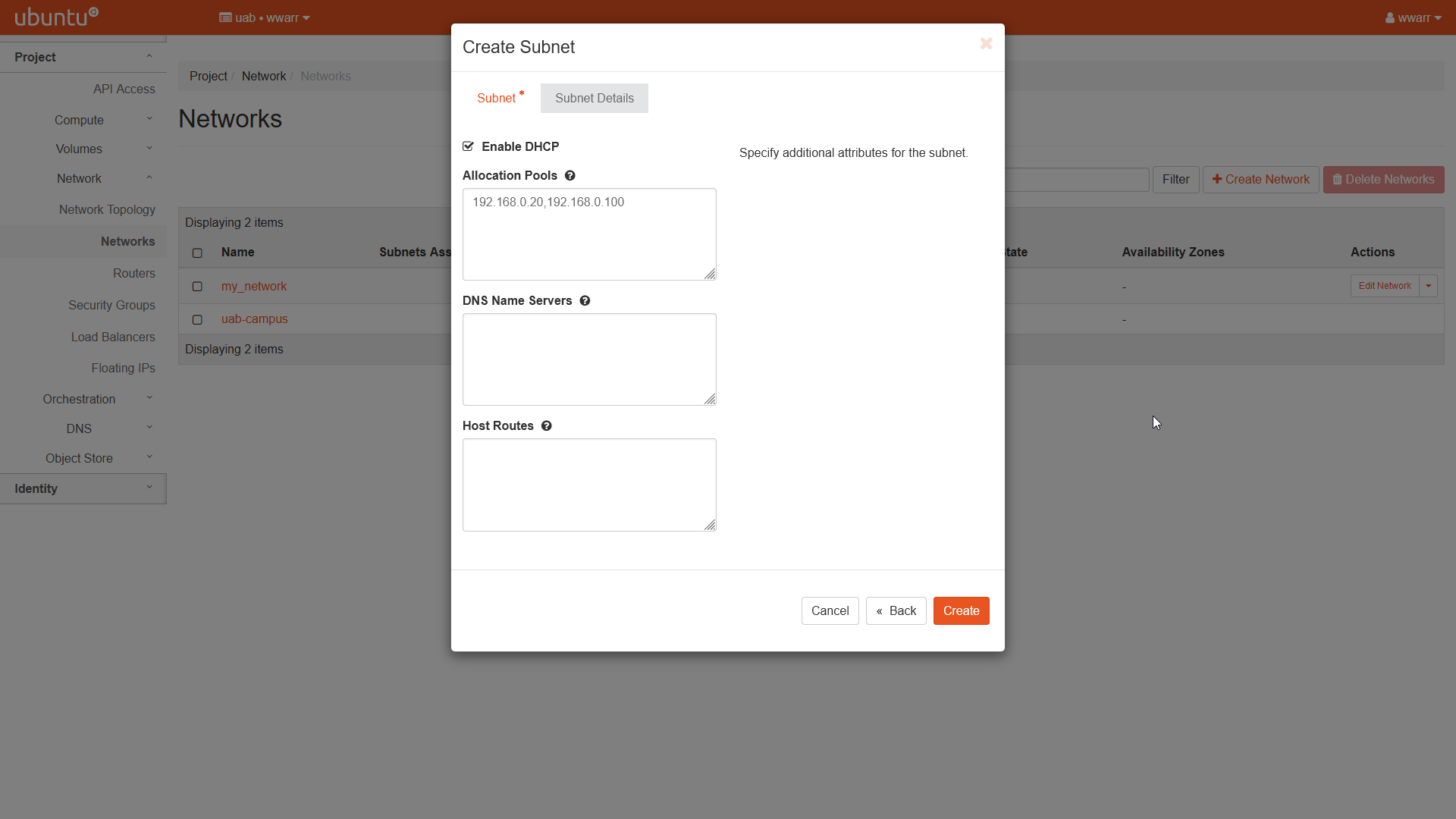 Image Showing the Create Subnet dialog box. The Subnet Details tab is selected. The form has been filled out.
