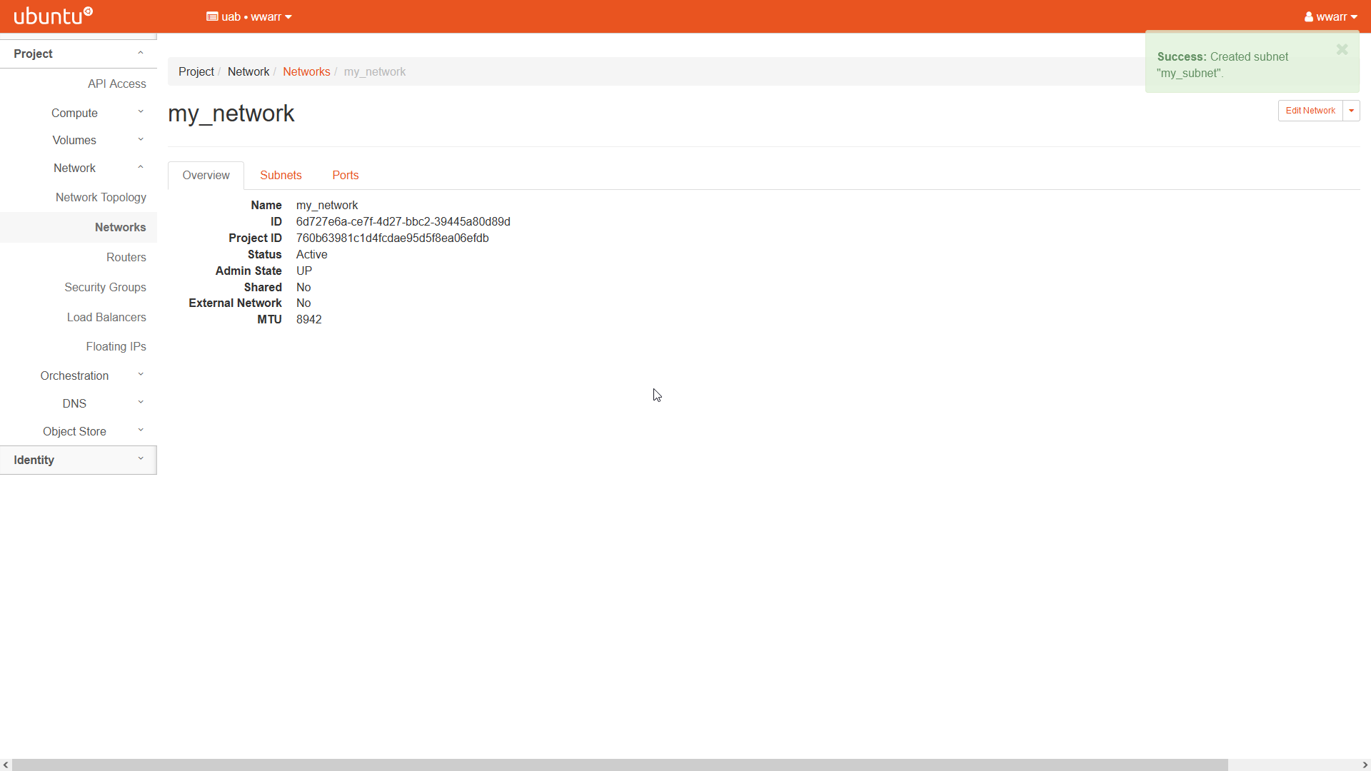 Image Showing the my_network overview page. There are three tabs. The Overview tab is selected.