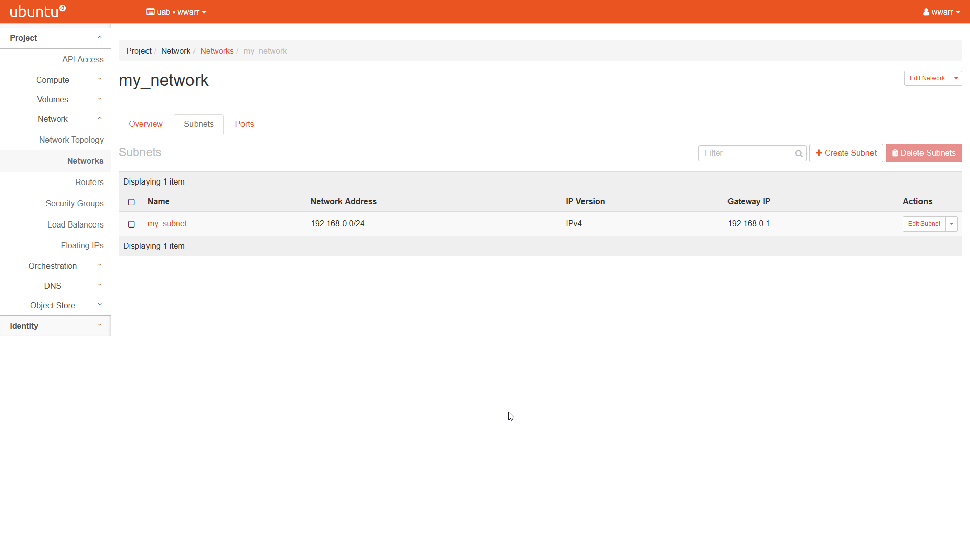Image Showing the my_network overview page. The Subnets tab is selected. The table has one entry labeled my_subnet.