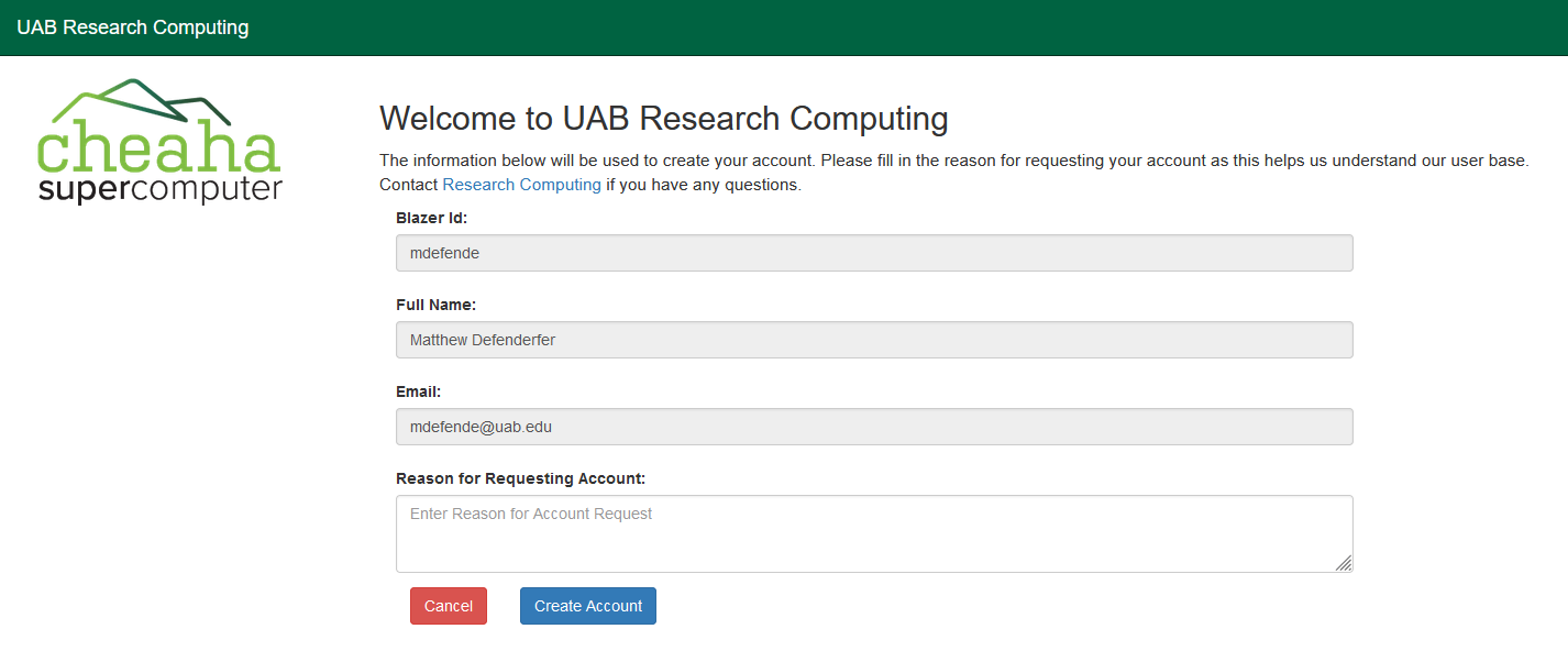 UAB Self Register screen
