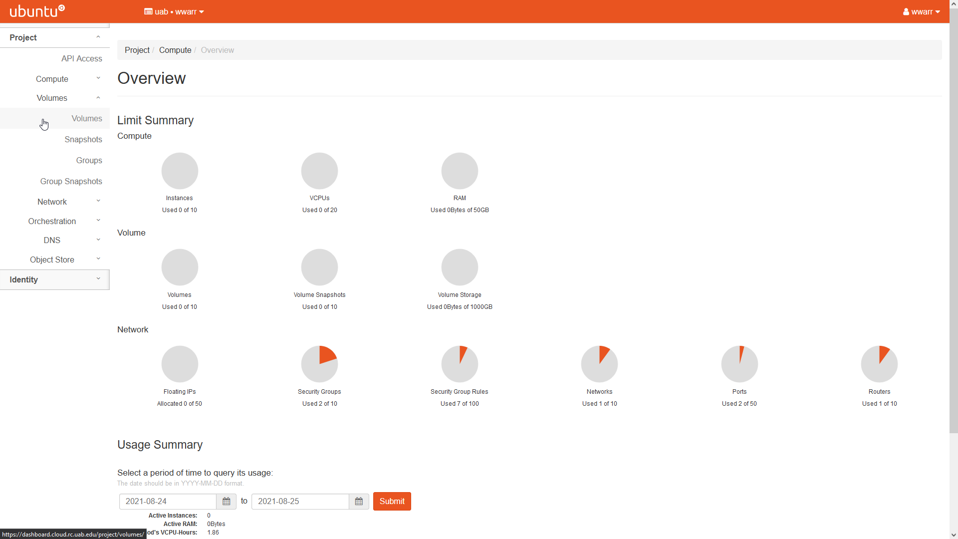 Image showing the OpenStack Overview page. The Volumes fold-out is opened. The Volumes link in the fold-out is highlighted.