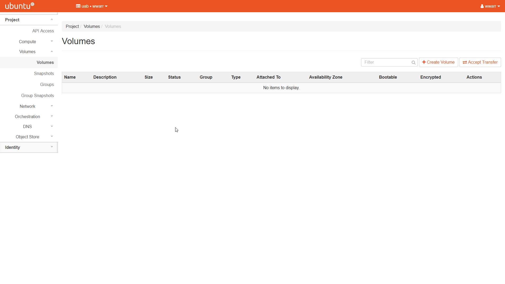 Image showing the Volumes page. The Volumes table is empty.