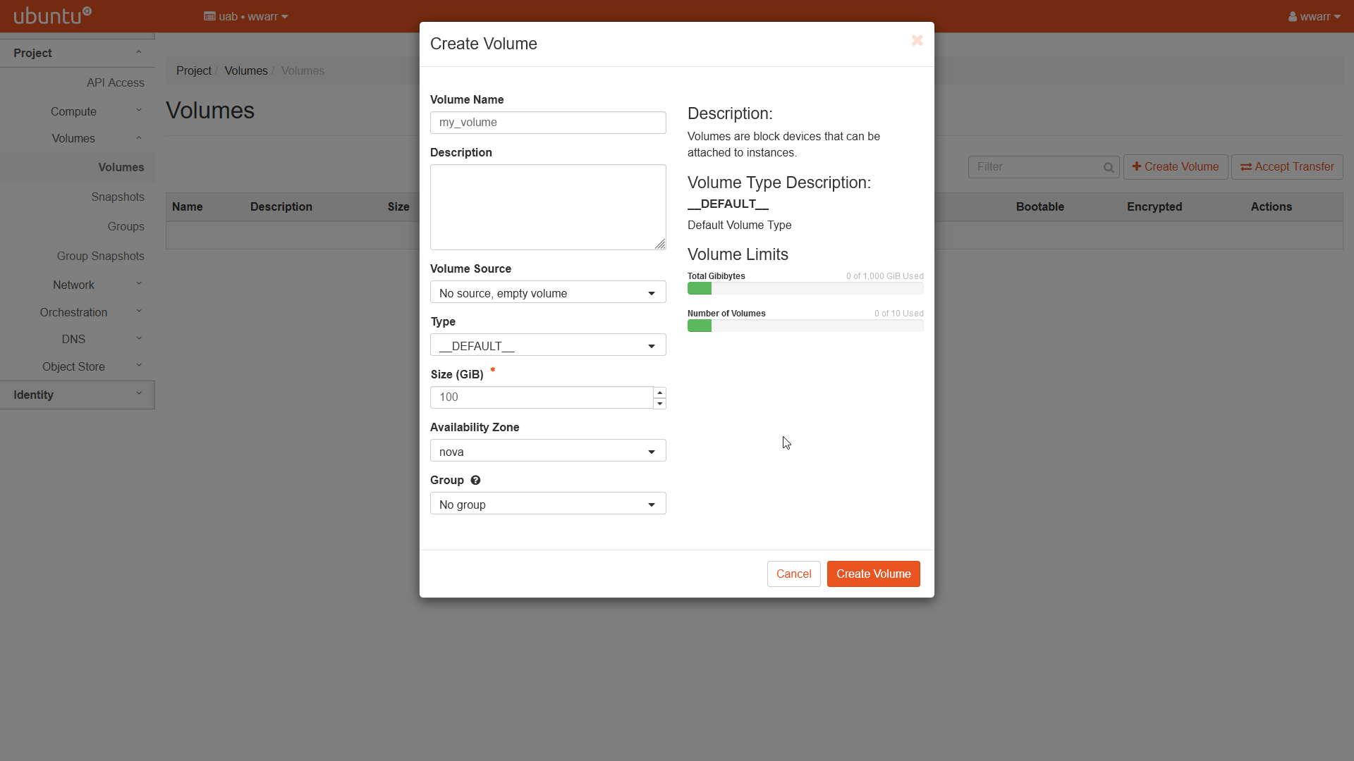 Image showing the Create Volume dialog. The dialog is filled out. The volume name is set to my_volume.