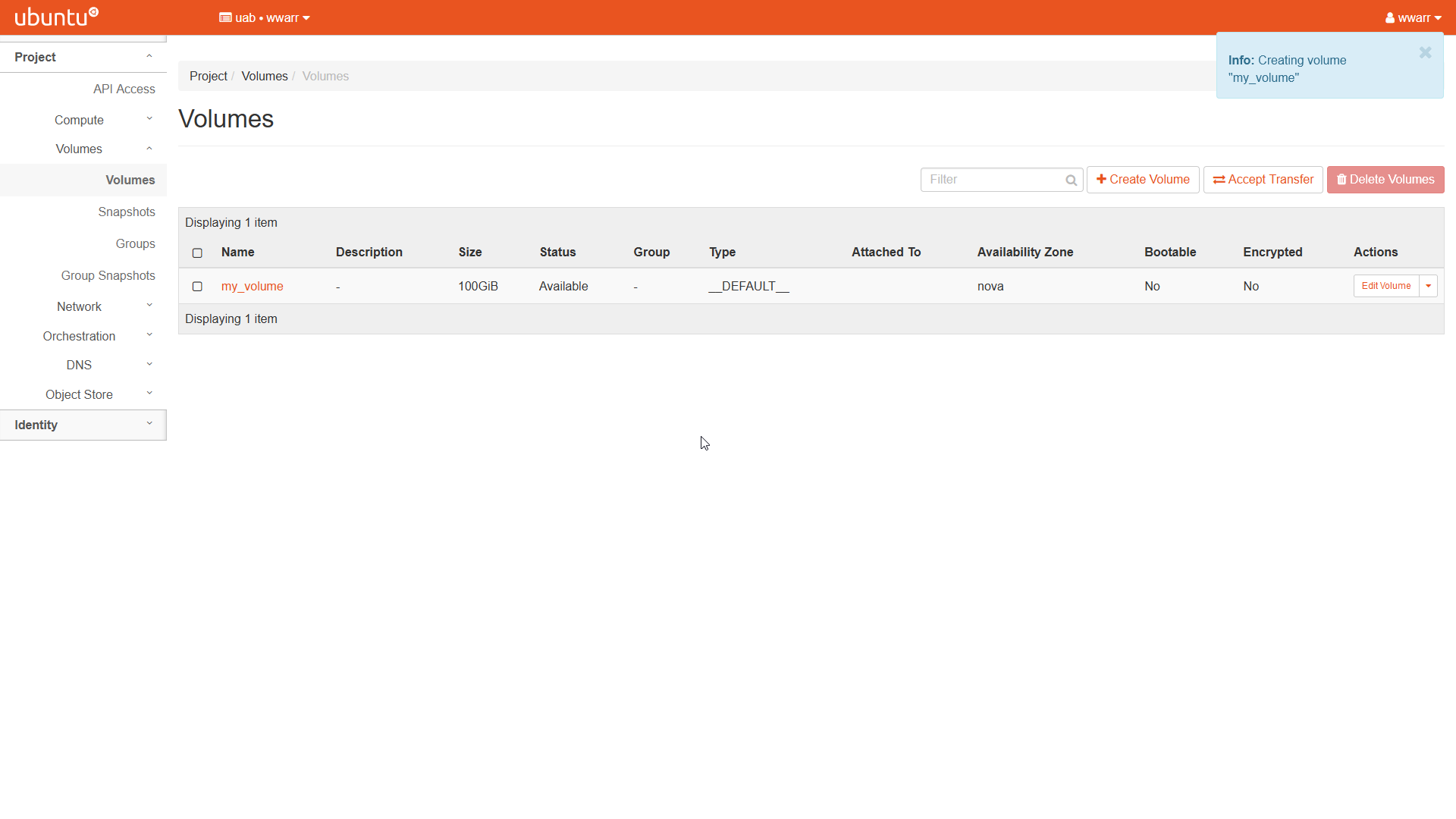 Image showing the Volumes page. The table has one entry labeled my_volume.