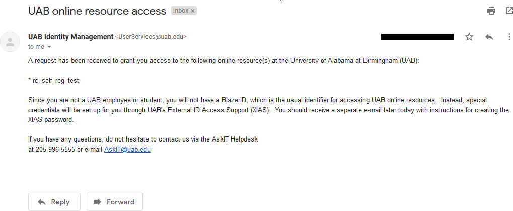 Image showing email notification indicating a request has been made to register the user receiving the email. Contains a list of sites the request has been made for. Additional information is provided regarding the next email.