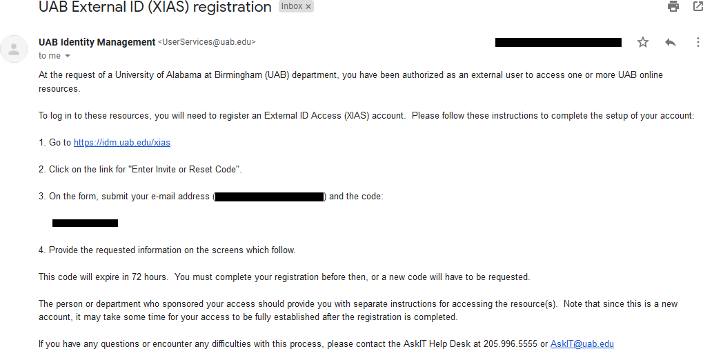 Image showing email with instructions for completing XIAS user registration. The instructions include a link to the UAB XIAS Guest Users page https://apps.idm.uab.edu/xias/top and an invite code for registration.