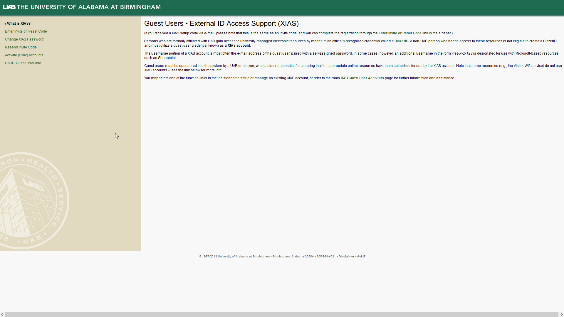 Image showing the main UAB XIAS Guest Users page. Links are in the menu at left and include the "Enter Invite or Reset Code" link.