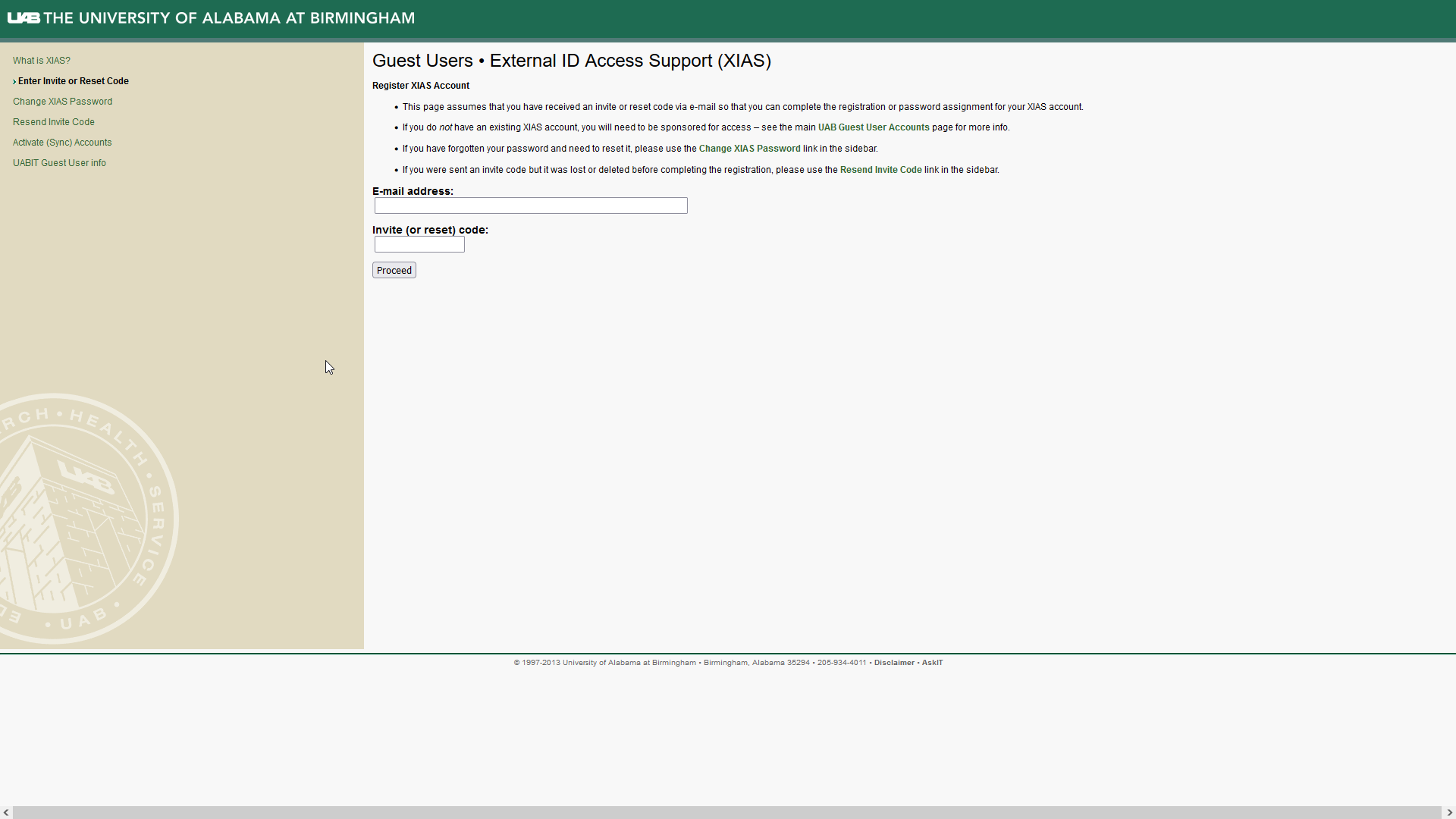 Image showing the Register XIAS Account form. The form requires an email and invite code. A proceed button is highlighted.
