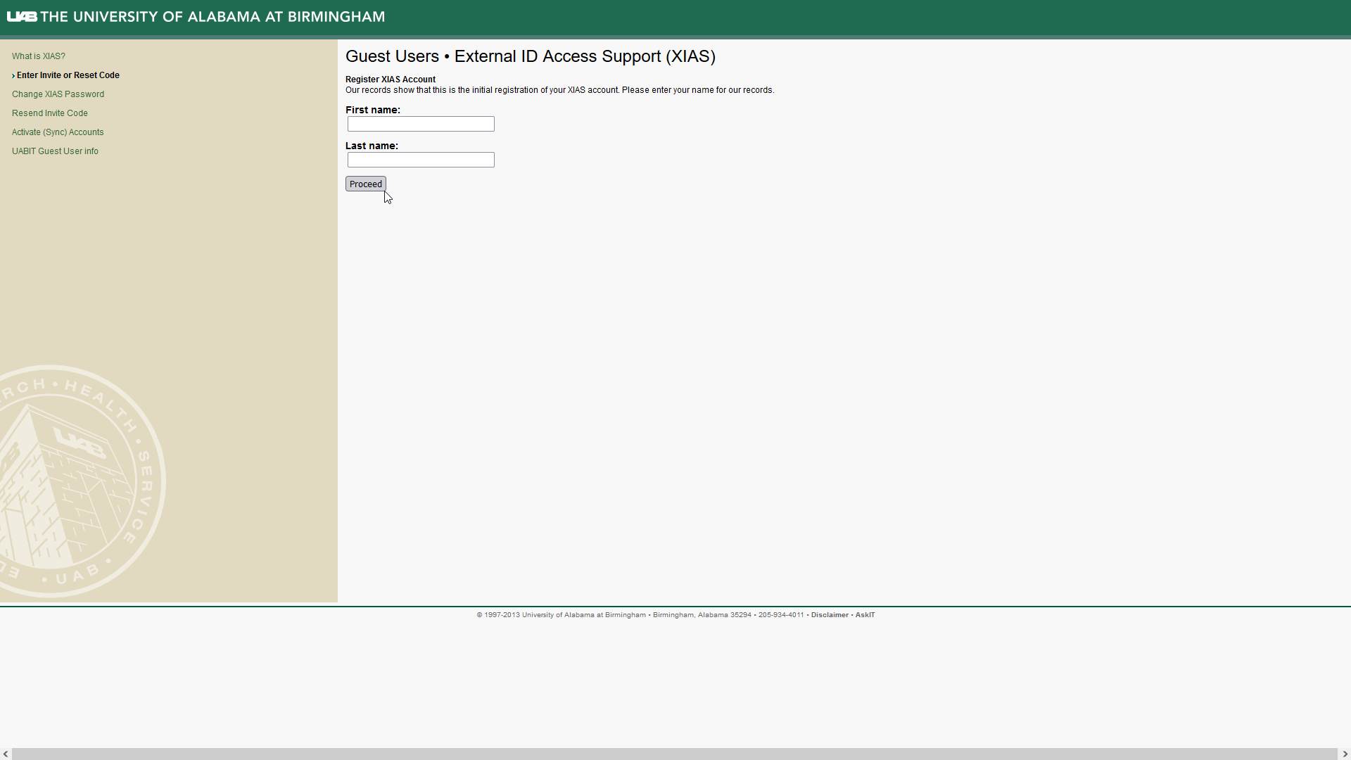 Image showing form requiring first and last name of the user. A proceed button is highlighted.