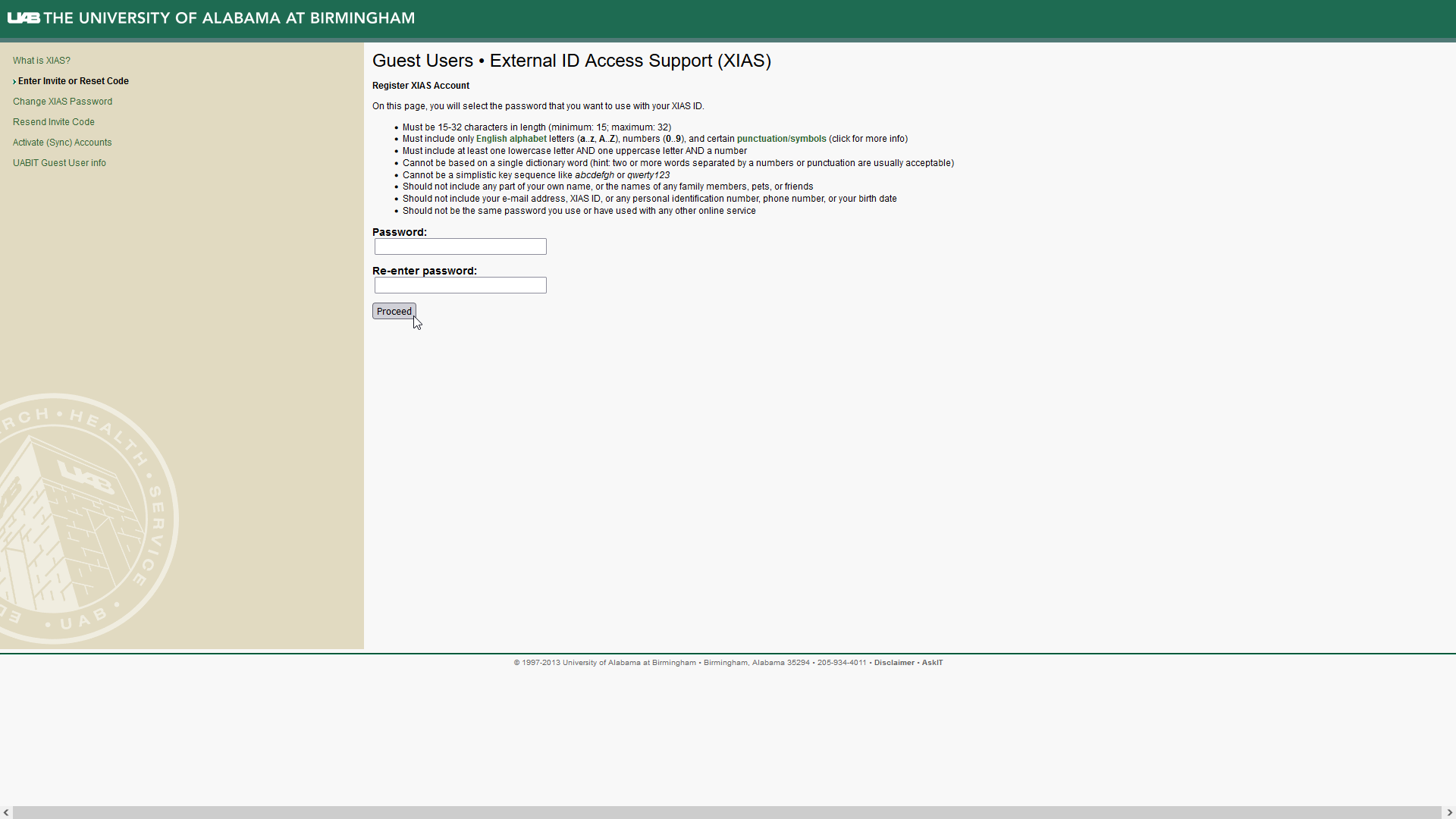 Image showing form requiring password and confirmation of password. A proceed button is highlighted.