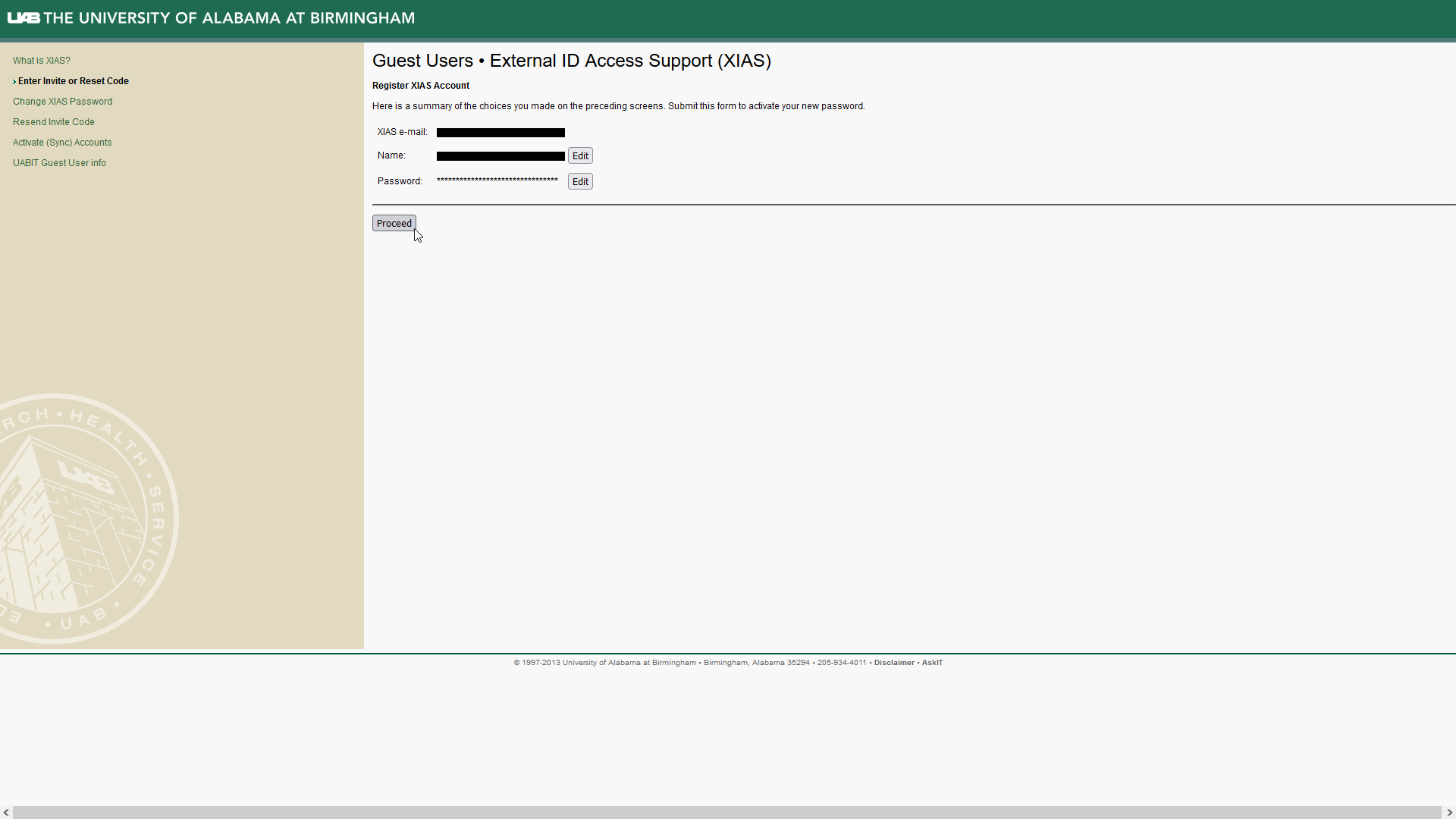 Image showing confirmation page summarizing previous forms. Listed are email, name and password. Password is obfuscated. Edit buttons are to the right of name and password. A proceed button is highlighted.