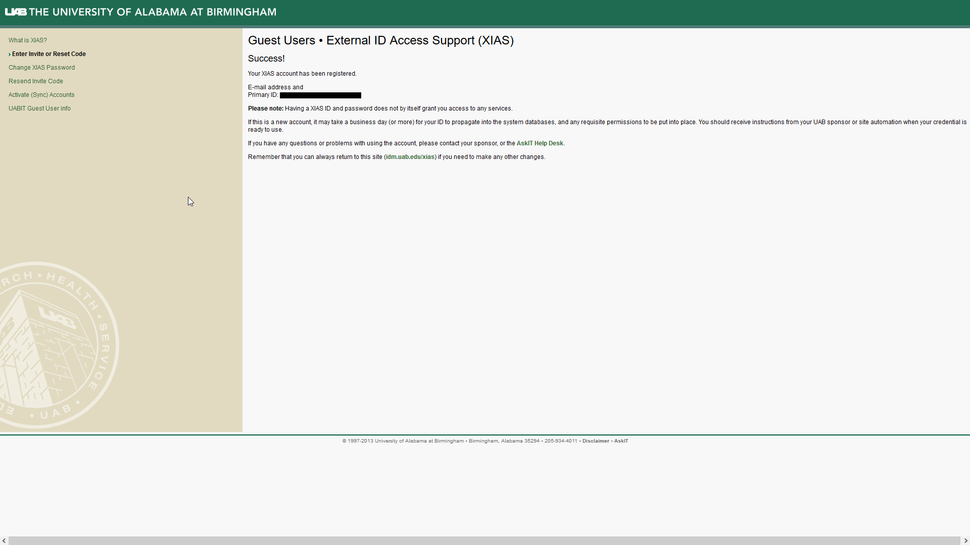Image showing registration success page with additional instructions and suggestions.