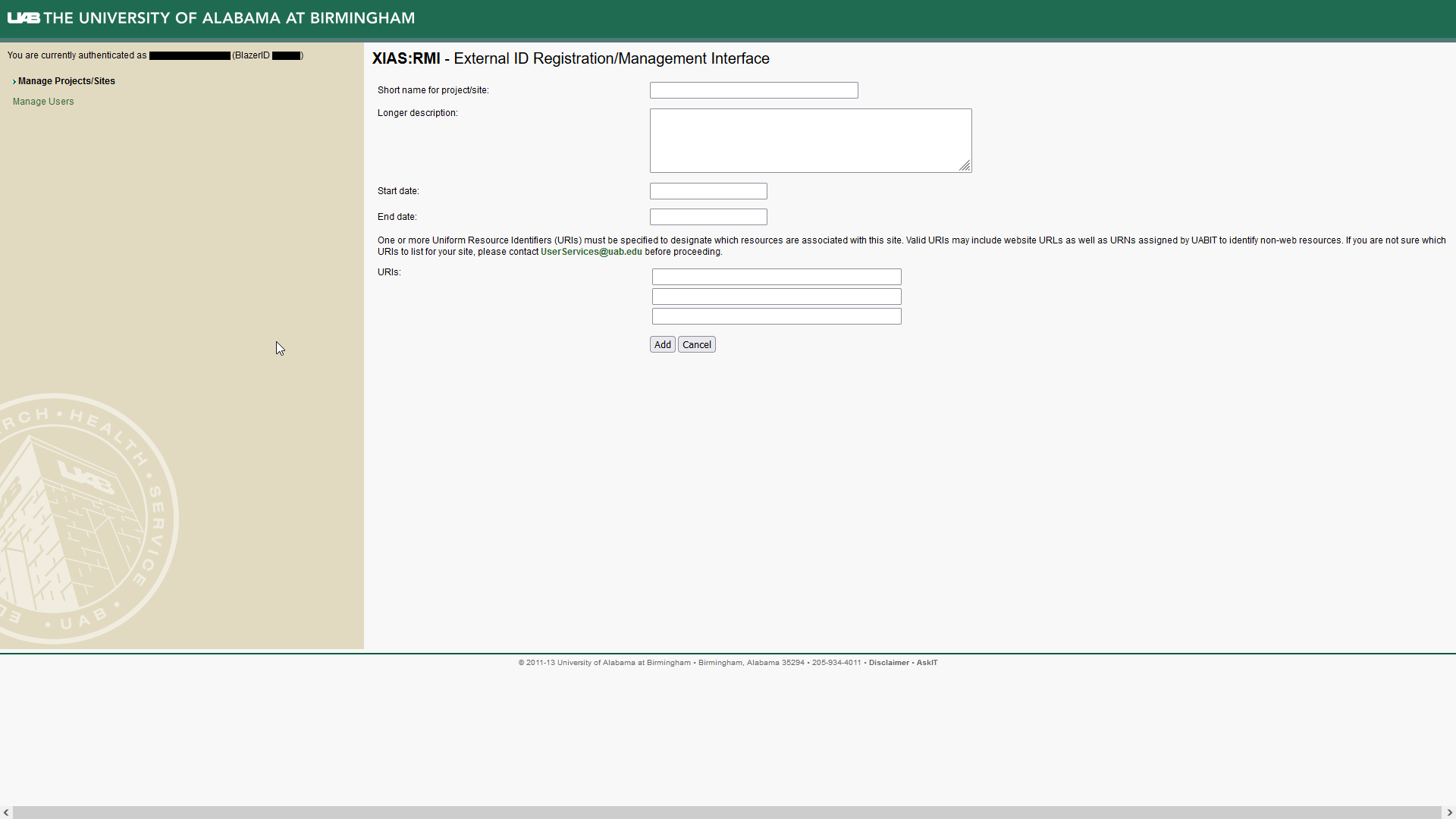 Image showing empty UAB XIAS Project/Site creation form with several fields.