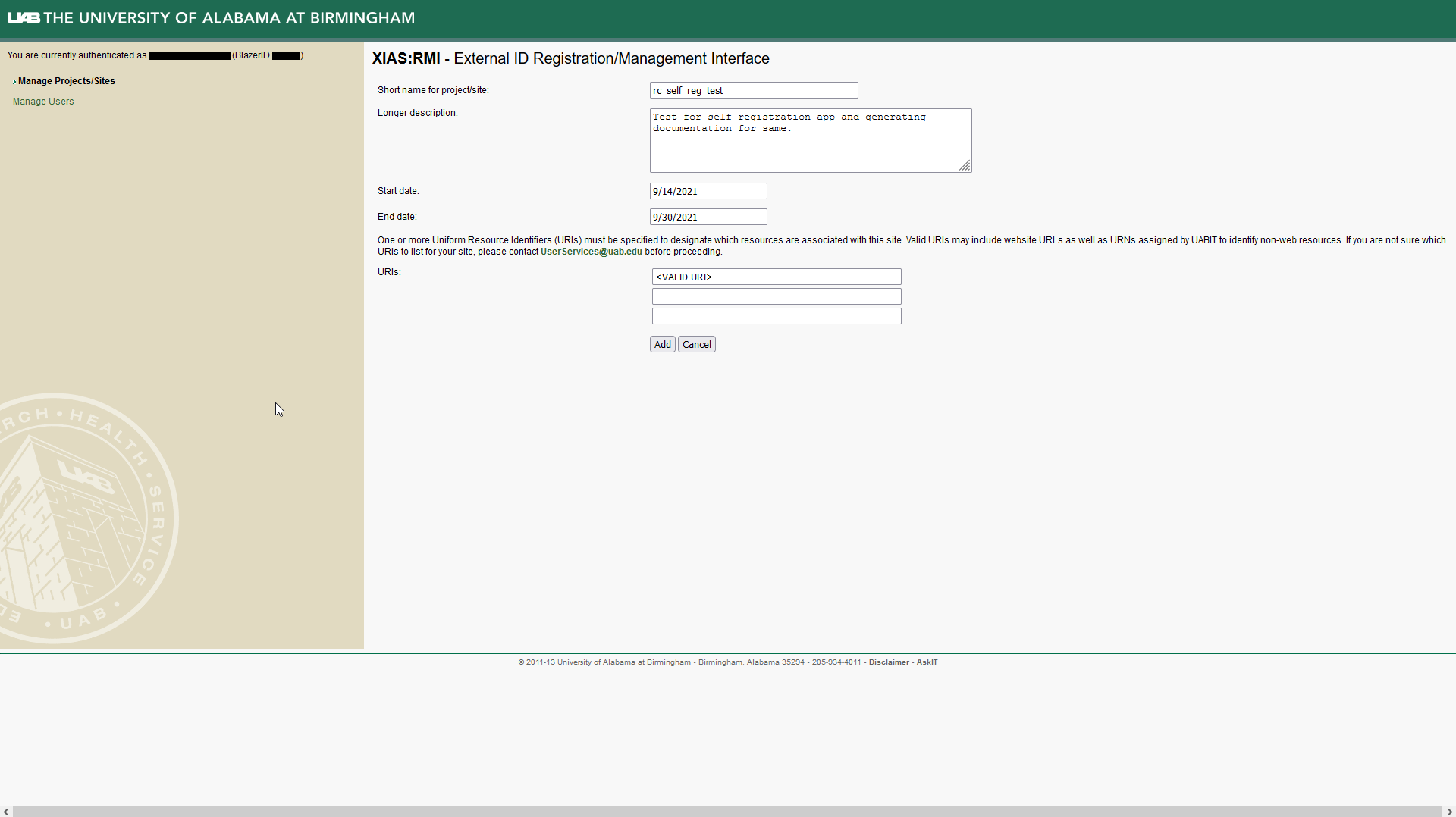 Image showing filled UAB XIAS Project/Site creation form.