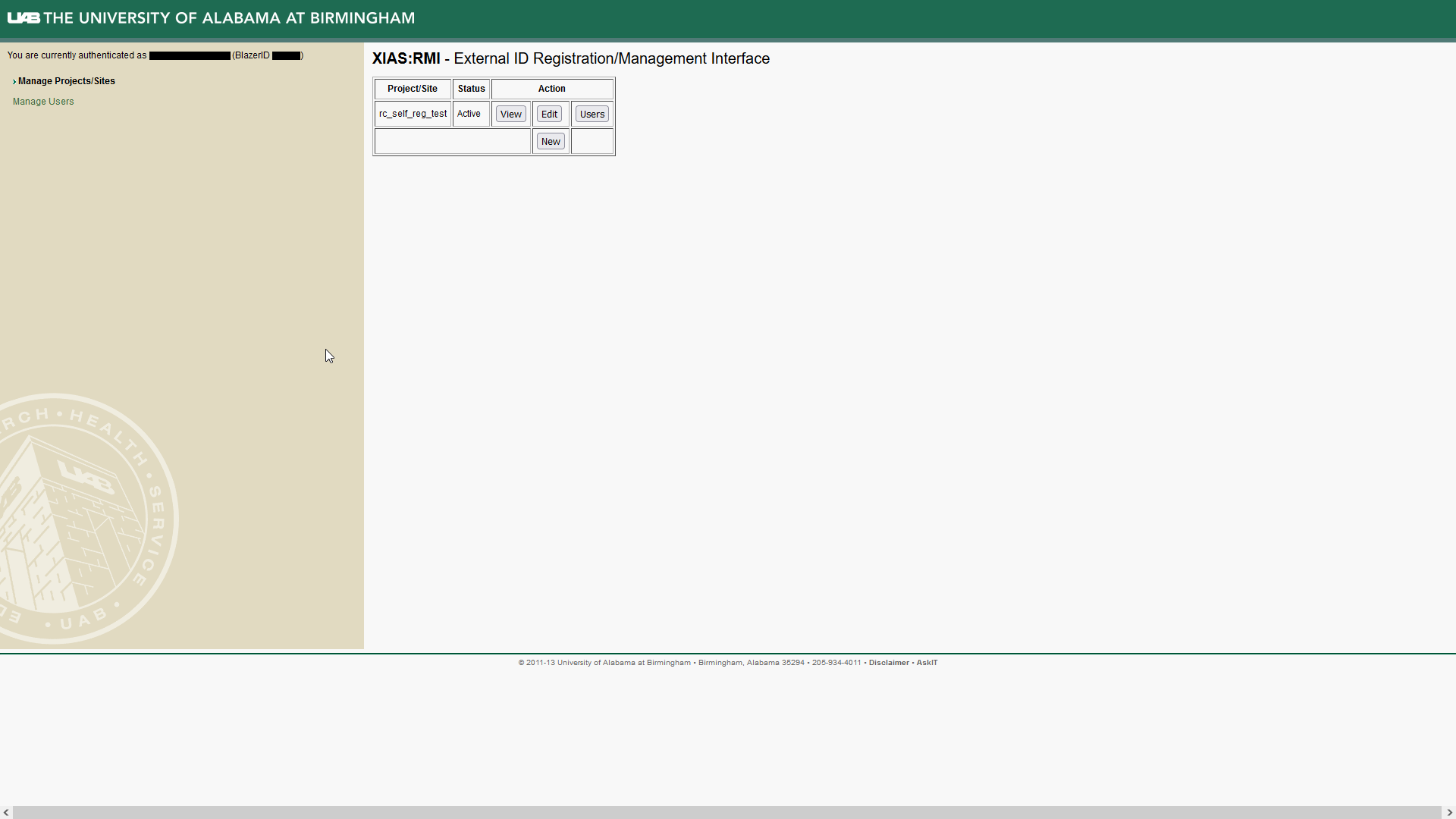 Image showing site table with newly created site listed. On that row are three buttons: View, Edit, Users. On the next row is the button New.