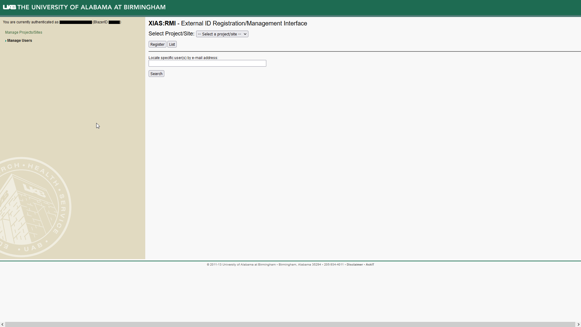 Image showing UAB XIAS User Management Webpage with Select Project/Site drop down box, Register button, List button, and search bar to locate specific user by email.