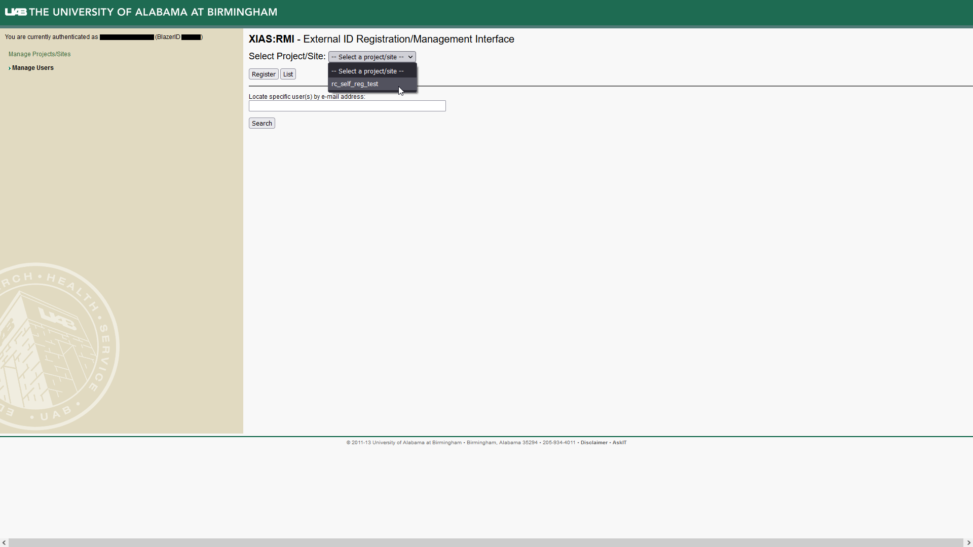 Image showing Select Project/Site drop down box opened with a site highlighted by the mouse cursor.