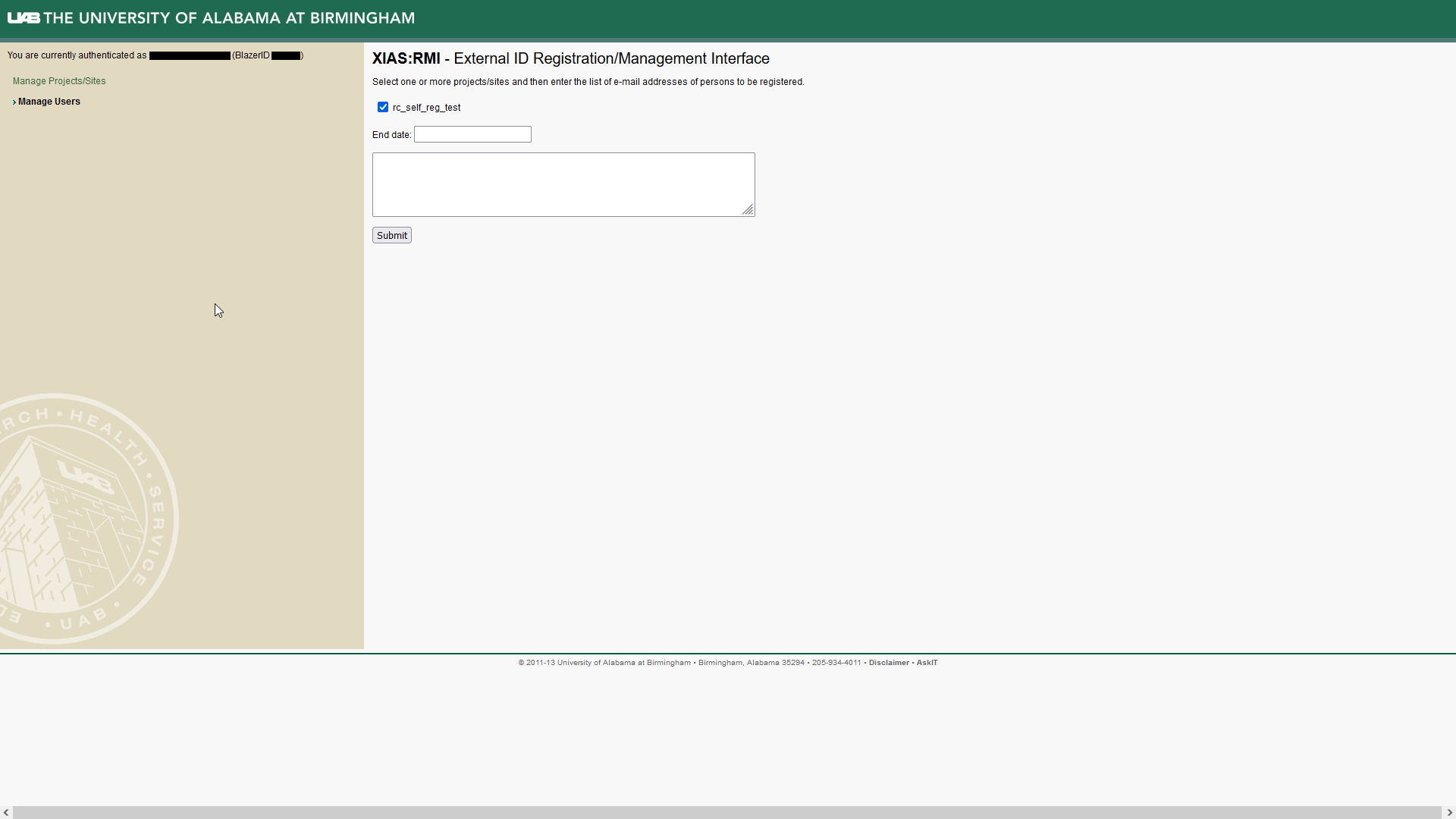 Image showing user registration form with checked Checkbox whose label has the previously selected site. Form also has End Date textbox and unlabeled text box which accepts a list of email addresses.